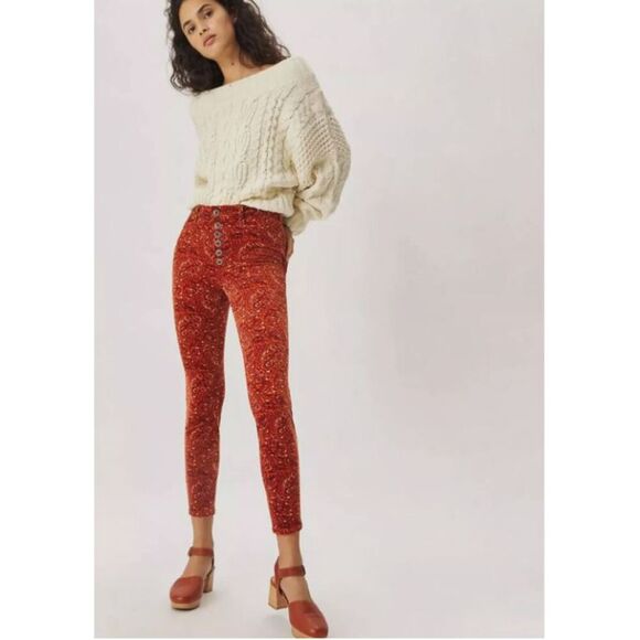 Anthropologie Pants - Anthropologie Pilcro‎ Corduroy Pants Size 28 High Rise Button-Fly Orange Motif